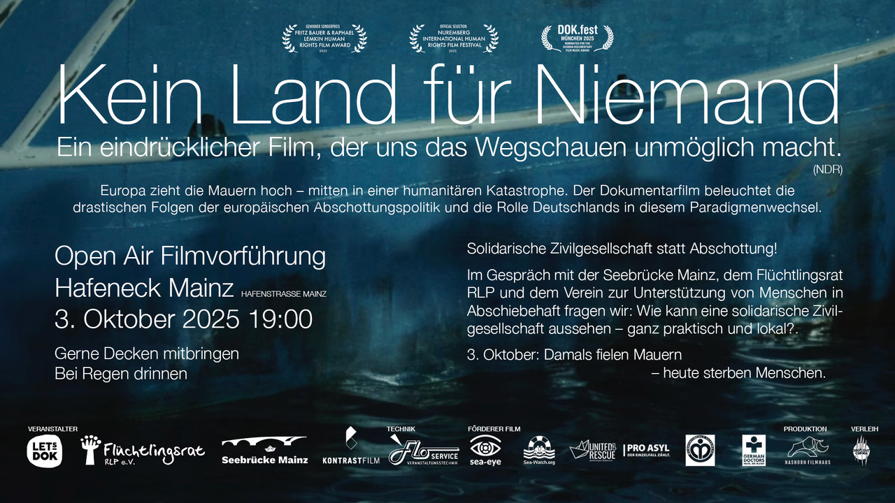 Werbebild Filmvorführung "Kein Land für Niemand". Alle Informationen sid im Fließtext.
